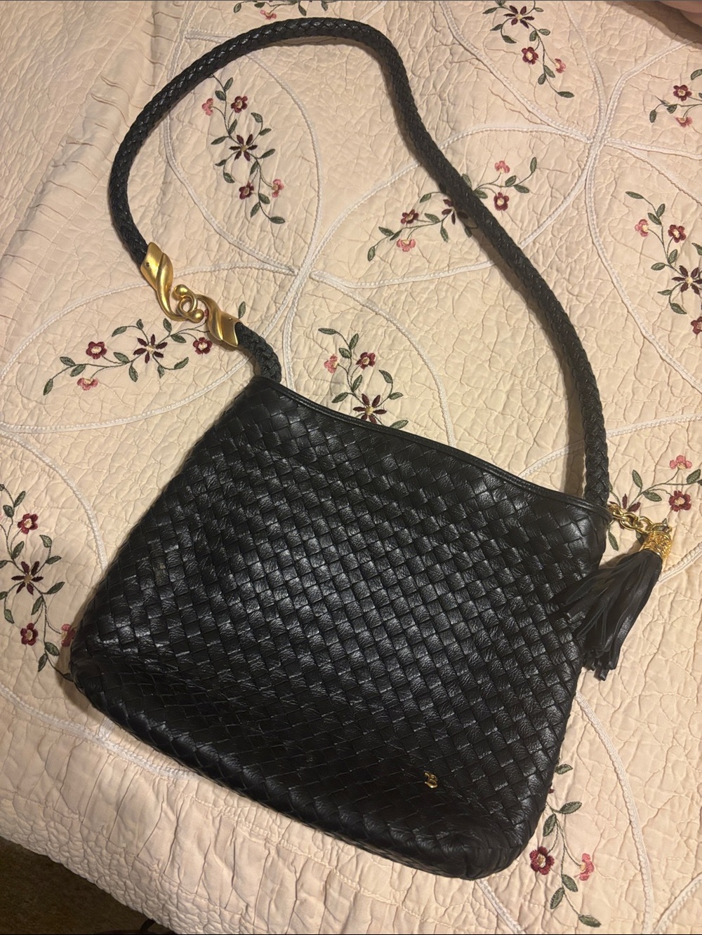 Arrimo Black Woven Leather Shoulder Bag with Tassel